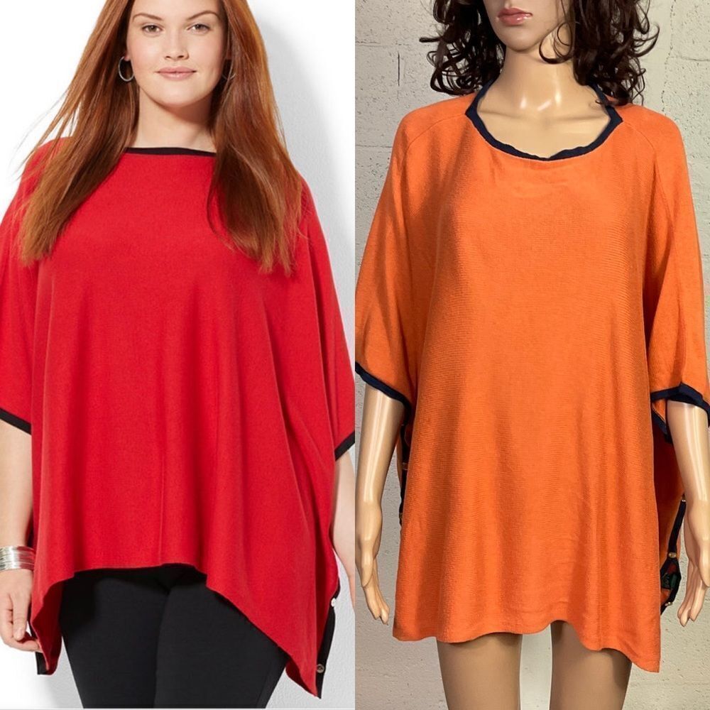 Lauren Ralph Lauren Orange Blue Knit Silk Linen Blend Tunic Poncho style S/M
